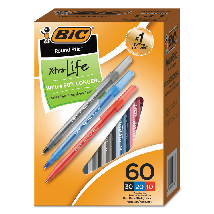 BIC Round Stic Xtra Precision Ballpoint Pen Value Pack, Stick, Medium 1 mm, Assorted Ink and Barrel Colors, 60/Pack (BICGSM609AST)