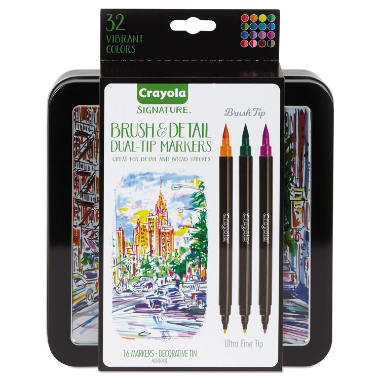 Crayola Brush and Detail Dual Ended Markers, Extra-Fine Brush/Bullet Tips, Assorted Colors, 16/Set (CYO586501)