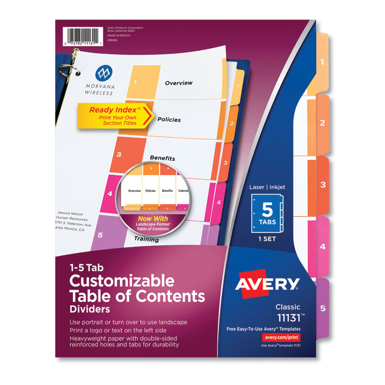 Avery Customizable TOC Ready Index Multicolor Tab Dividers, 5-Tab, 1 to 5, 11 x 8.5, White, Traditional Color Tabs, 1 Set (AVE11131)