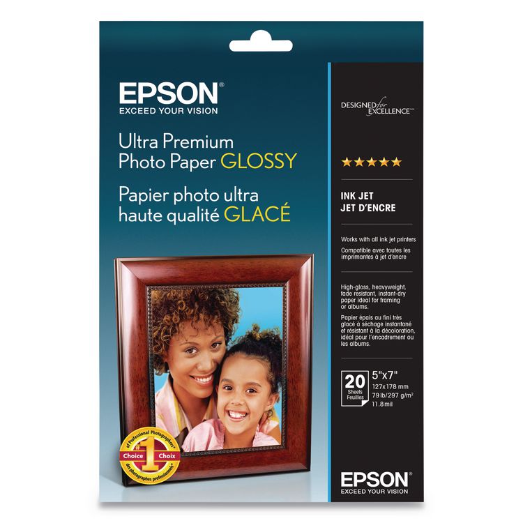 Epson Ultra Premium Photo Paper Glossy, 11.8 mil, 5 x 7, Glossy White, 20/Pack (EPSS041945)