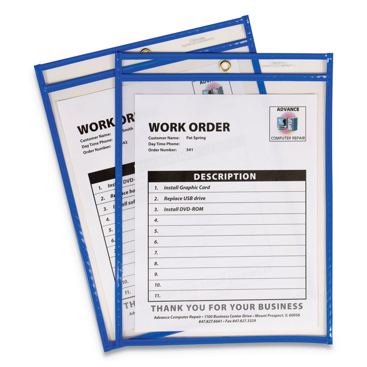 C-Line Stitched Shop Ticket Holders, Super Heavy-Duty, Top Load 9 x 12 Insert, Clear Front, Blue Border, 15/Box (CLI43915)