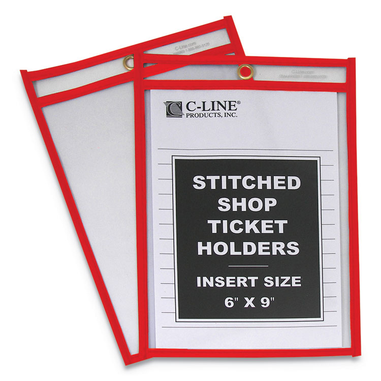 C-Line Stitched Shop Ticket Holders, Super Heavy-Duty, Top Load 6 x 9 Insert, Clear Front, Red Border, 25/Box (CLI43969)