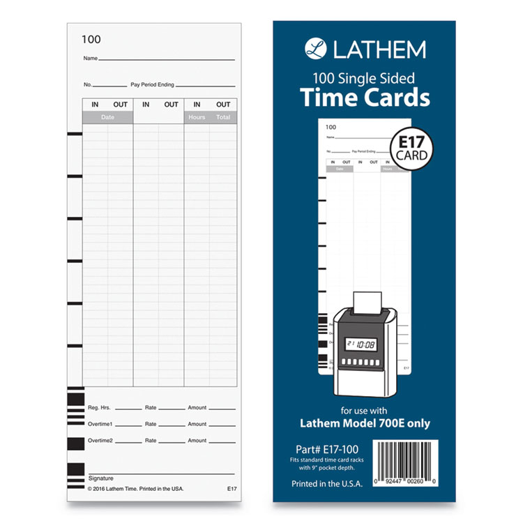 Lathem Time Time Clock Cards for Lathem Time 700E, One Side, 3.5 x 9, 100/Pack (LTHE17100)