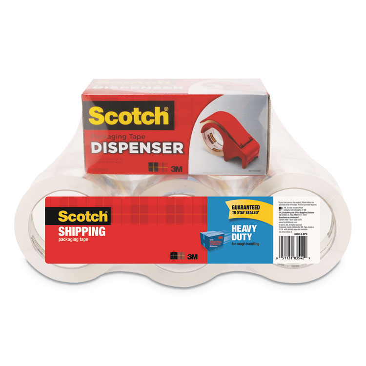 Scotch 3850 Heavy-Duty Packaging Tape with DP300 Dispenser, 3" Core, 1.88" x 54.6 yds, Clear, 6/Pack (MMM38506DP3)
