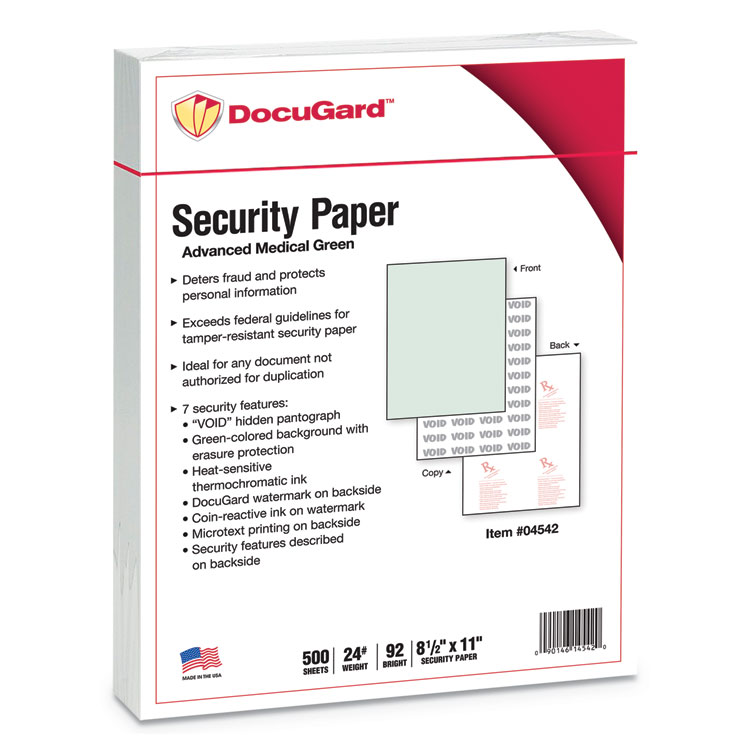 DocuGard Medical Security Papers, 24 lb Bond Weight, 8.5 x 11, Green, 500/Ream (PRB04542)