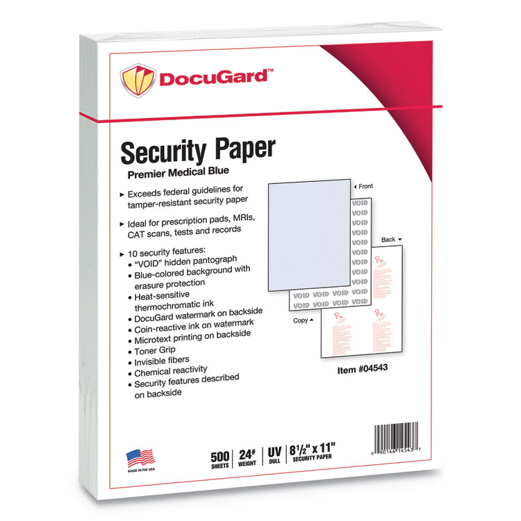 DocuGard Medical Security Papers, 24 lb Bond Weight, 8.5 x 11, Blue, 500/Ream (PRB04543)