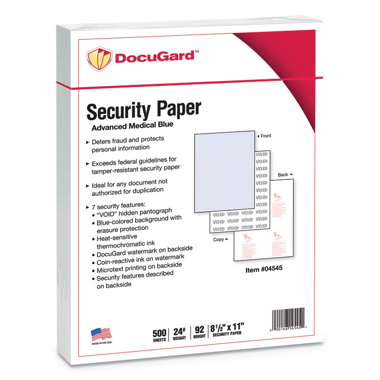 DocuGard Medical Security Papers, 24 lb Bond Weight, 8.5 x 11, Blue, 500/Ream (PRB04545)