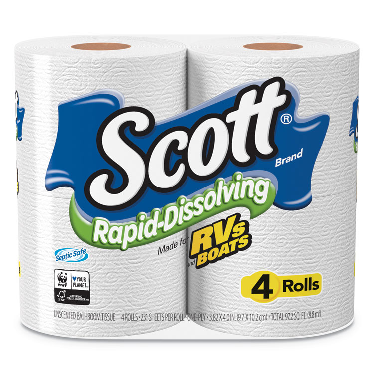 Scott Rapid-Dissolving Toilet Paper, Bath Tissue, Septic Safe, 1-Ply, White, 231 Sheets/Roll, 4 Rolls/Pack, 12 Packs/Carton (KCM47617)