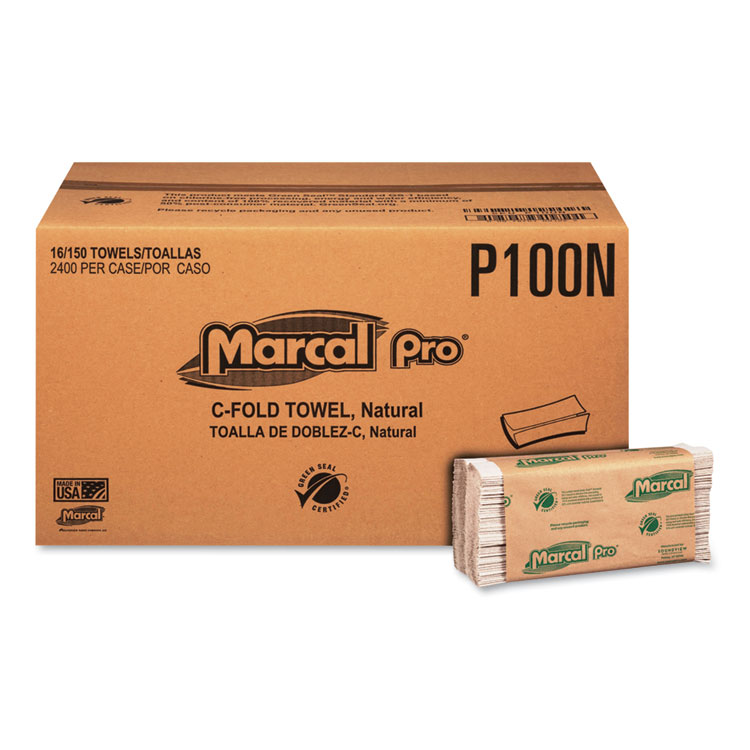 Marcal PRO 100% Recycled Folded Paper Towels, 1-Ply, 12.88 x 10.13, Natural, 150/Pack, 16 Packs/Carton (MRCP100N)