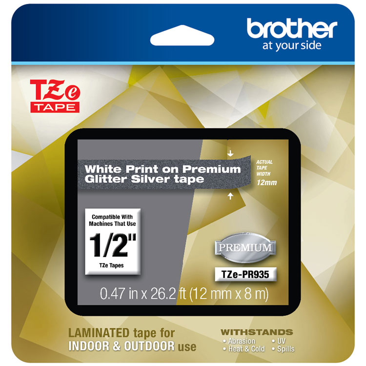 BROTHER INTL. CORP. TZe Premium Laminated Tape, 0.47" x 26.2 ft, White on Silver (BRTTZEPR935)