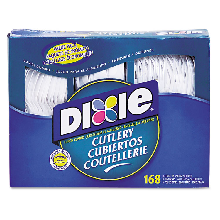Dixie Combo Pack, Tray with White Plastic Utensils, Heavyweight, Fork/Knife/Spoon, 168/Pack (DXECM168)