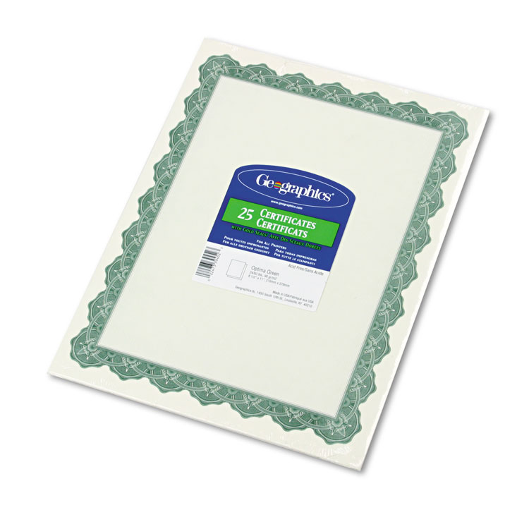 Geographics Parchment Paper Certificates, 8.5 x 11, Optima Green with White Border, 25/Pack (GEO39452)