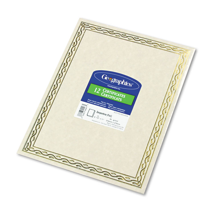 Geographics Foil Stamped Award Certificates, 8.5 x 11, Gold Serpentine with White Border, 12/Pack (GEO44407)