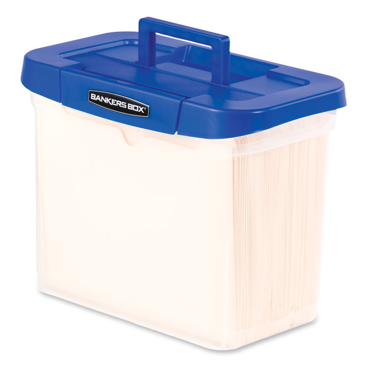 Bankers Box Heavy-Duty Portable File Box, Letter Files, 14.25" x 8.63" x 11.06", Clear/Blue (FEL0086301)