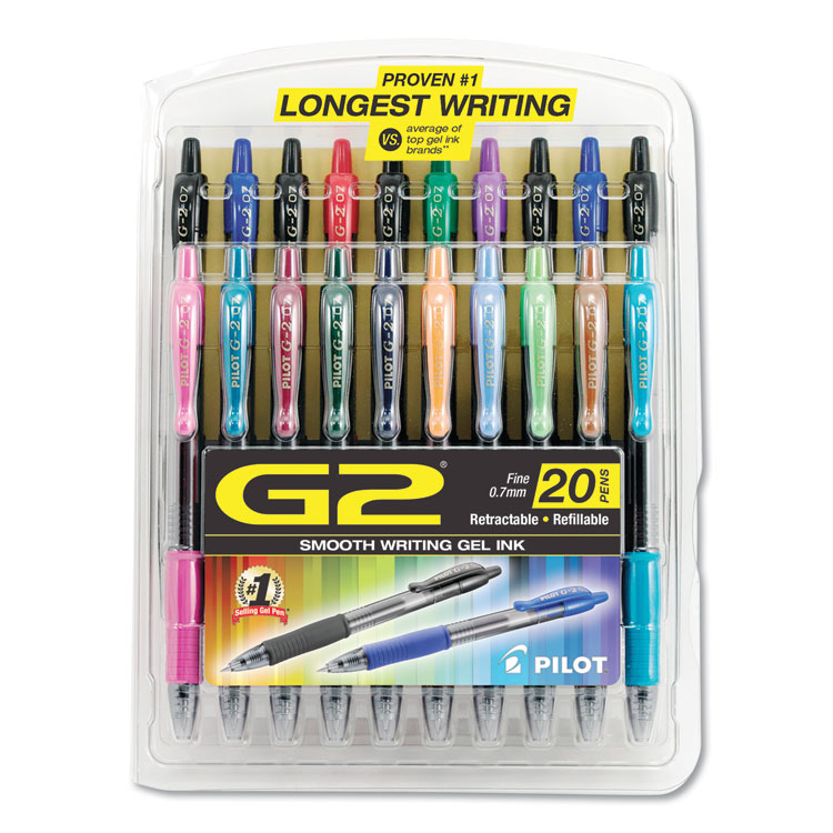 Pilot G2 Premium Gel Pen Convenience Pack, Retractable, Fine 0.7 mm, Assorted Ink and Barrel Colors, 20/Pack (PIL31294)
