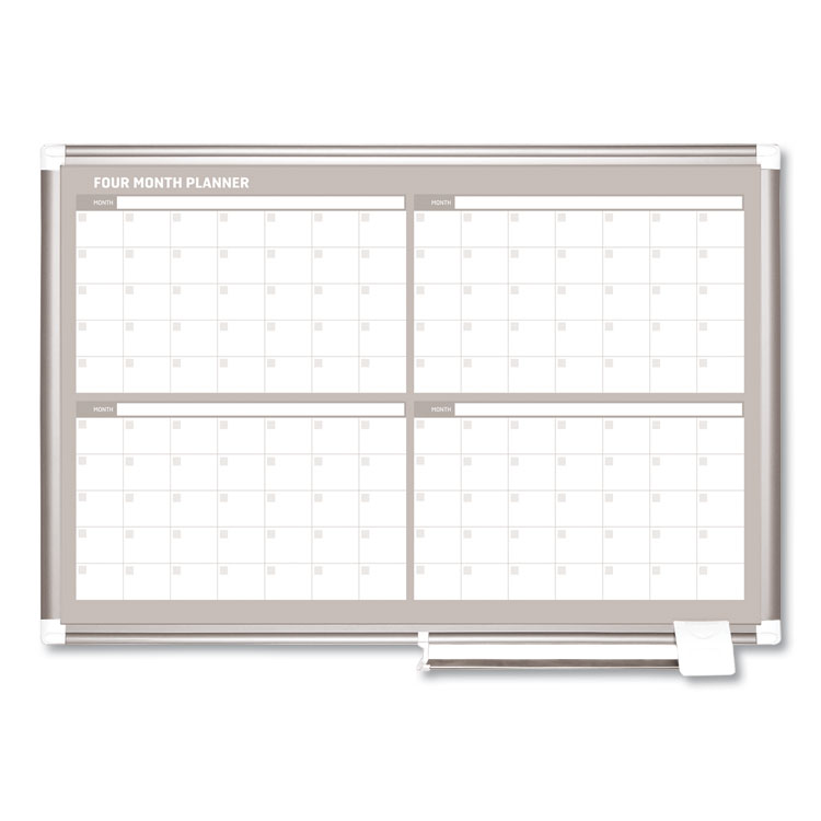 MasterVision Magnetic Dry Erase Calendar Board, Four-Month Planning/Scheduling, 36" x 24", White Surface, Satin Aluminum Frame (BVCGA03105830)
