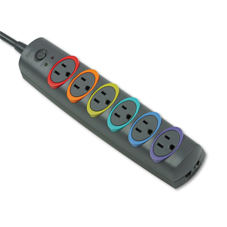 Kensington SmartSockets Color-Coded Strip Surge Protector, 6 AC Outlets, 8 ft Cord, 1,260 J, Black (KMW62144)