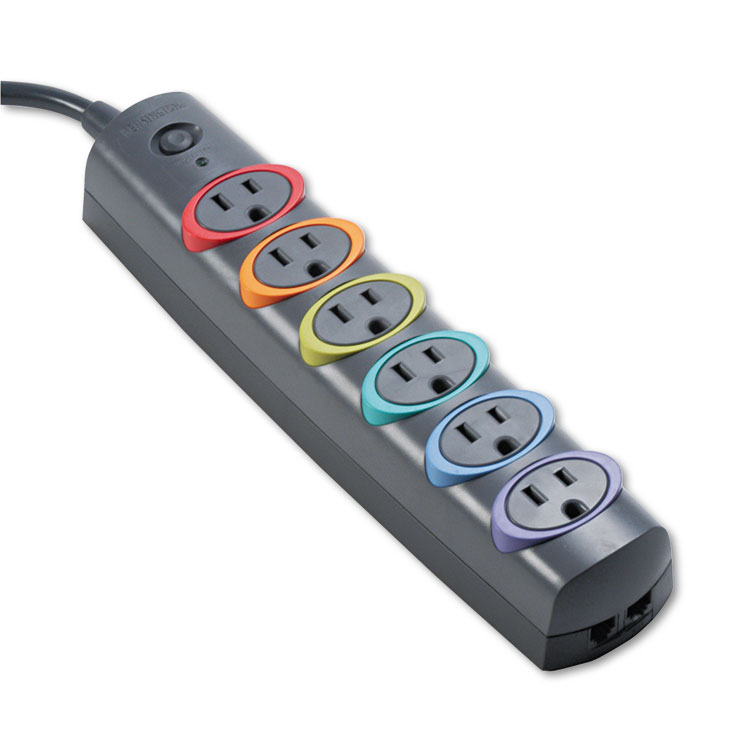 Kensington SmartSockets Color-Coded Strip Surge Protector, 6 AC Outlets, 6 ft Cord, 670 J, Gray (KMW62146)