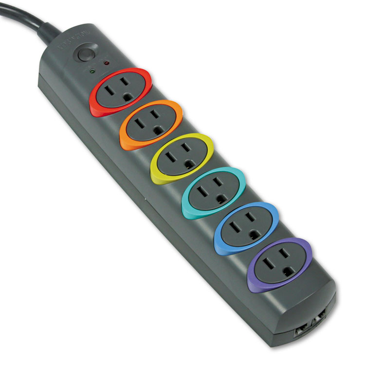Kensington SmartSockets Color-Coded Strip Surge Protector, 6 AC Outlets, 7 ft Cord, 945 J, Black (KMW62147)
