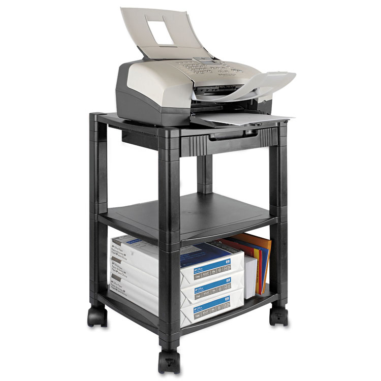 Kantek Height-Adjustable Deskside Printer Cart, Plastic, 3 Shelves, 1 Drawer, 75 lb Capacity, 17" x 13.25" x 24.5", Black (KTKPS540)