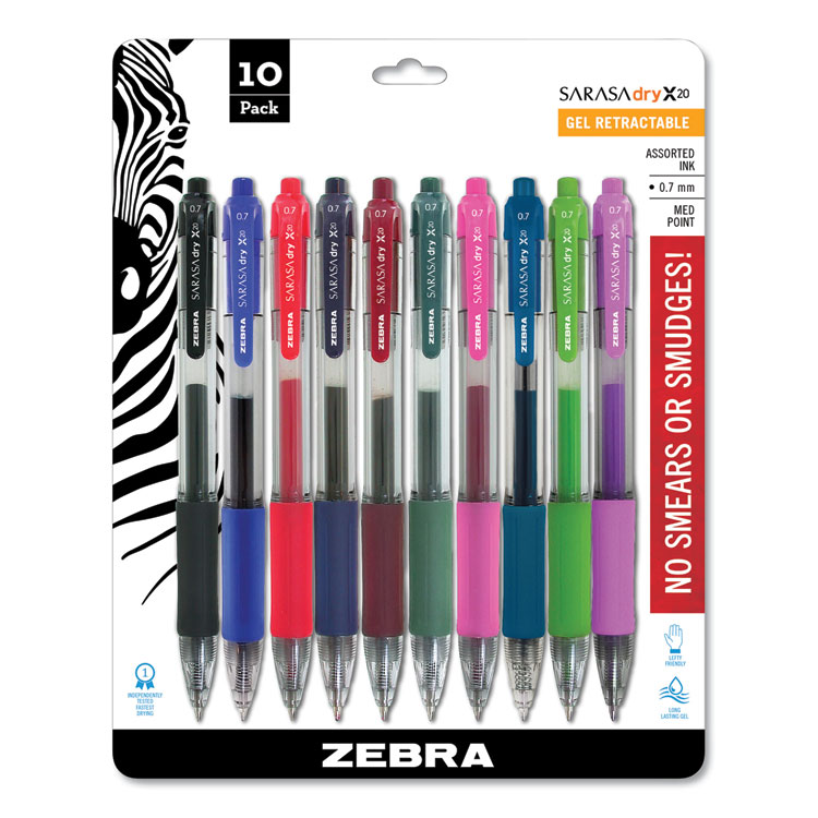 Zebra Sarasa Dry Gel X20 Gel Pen, Retractable, Medium 0.7 mm, Assorted Ink and Barrel Colors, 10/Pack (ZEB46881)