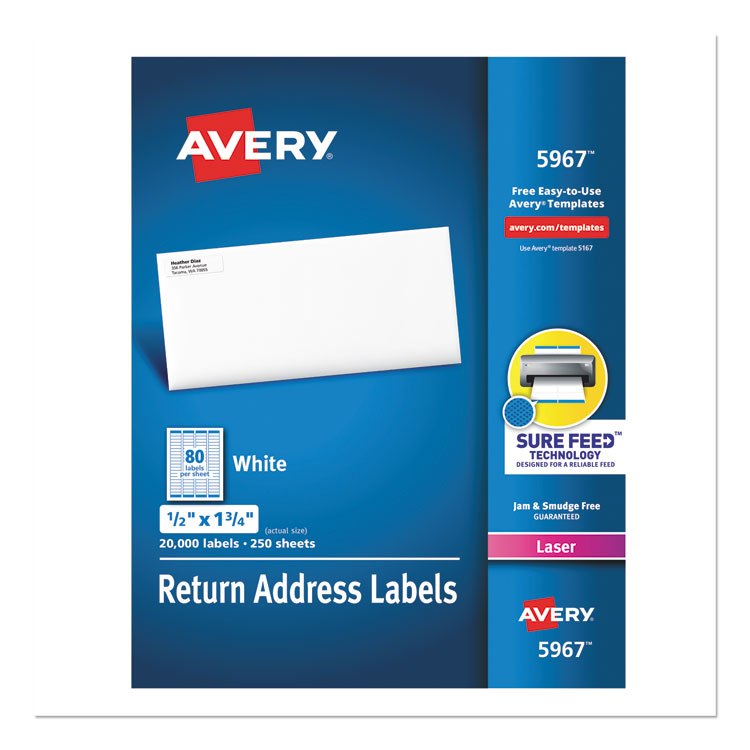 Avery White Address Labels w/ Sure Feed Technology for Laser Printers, Laser Printers, 0.5 x 1.75, White, 80/Sheet, 250 Sheets/Box (AVE5967)