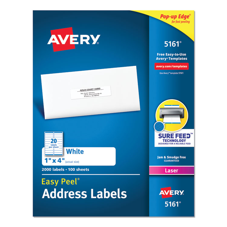 Avery Easy Peel White Address Labels w/ Sure Feed Technology, Laser Printers, 1 x 4, White, 20/Sheet, 100 Sheets/Box (AVE5161)