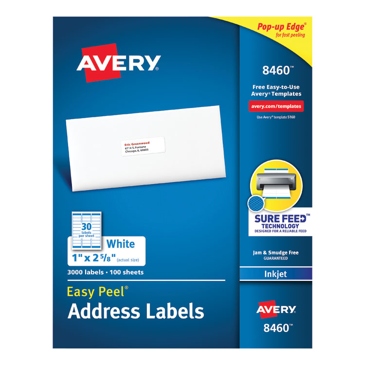 Avery Easy Peel White Address Labels w/ Sure Feed Technology, Inkjet Printers, 1 x 2.63, White, 30/Sheet, 100 Sheets/Box (AVE8460)
