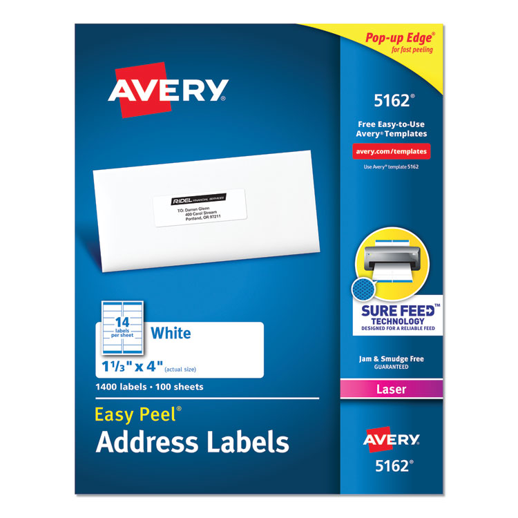Avery Easy Peel White Address Labels w/ Sure Feed Technology, Laser Printers, 1.33 x 4, White, 14/Sheet, 100 Sheets/Box (AVE5162)