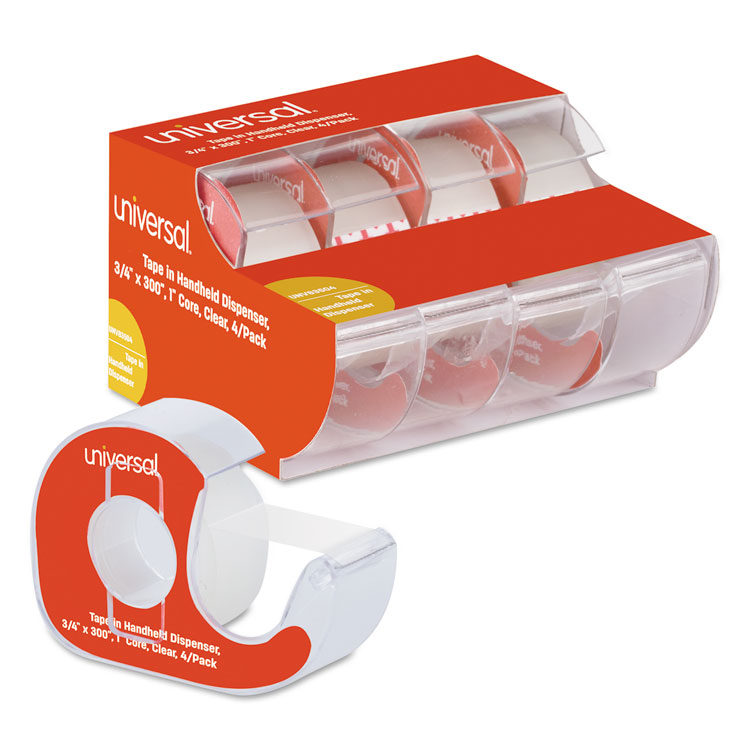 Universal Invisible Tape with Handheld Dispenser, 1" Core, 0.75" x 25 ft, Clear, 4/Pack (UNV83504)