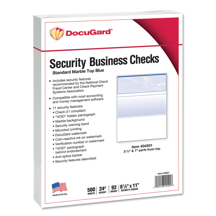 DocuGard Security Business Checks, 11 Features, 8.5 x 11, Blue Marble Top, 500/Ream (PRB04501)