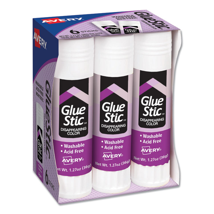 Avery Permanent Glue Stic Value Pack, 1.27 oz, Applies Purple, Dries Clear, 6/Pack (AVE98071)