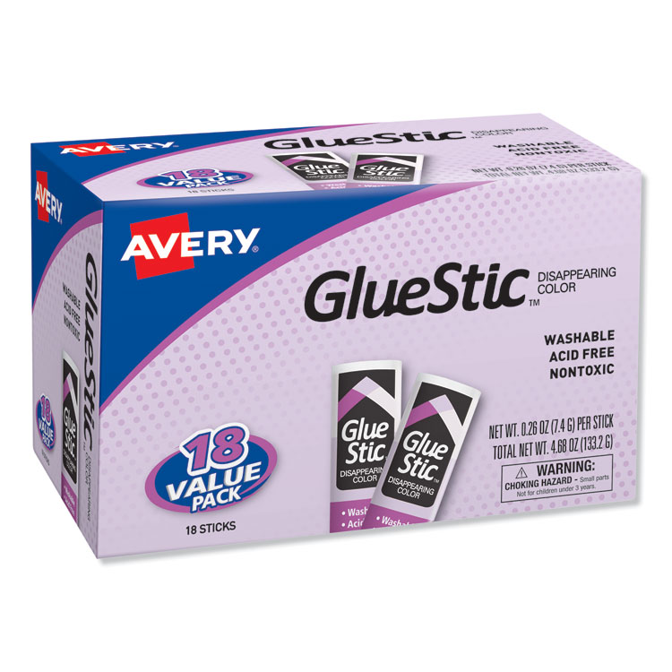 Avery Permanent Glue Stic Value Pack, 0.26 oz, Applies Purple, Dries Clear, 18/Pack (AVE98079)