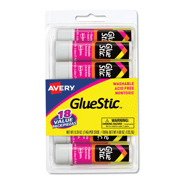 Avery Permanent Glue Stic Value Pack, 0.26 oz, Applies White, Dries Clear, 18/Pack (AVE98089)