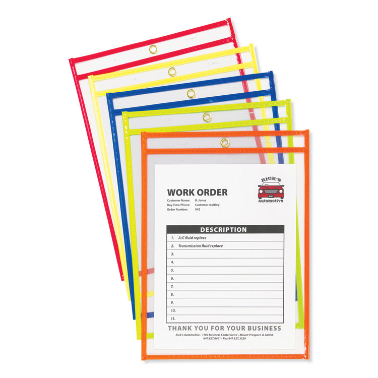 C-Line Neon Stitched Shop Ticket Holders, Super Heavy-Duty, Top Load 9 x 12 Insert, Clear Front, Assorted Neon Border Colors, 10/Box (CLI43920)