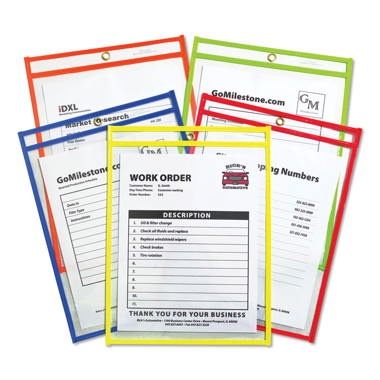 C-Line Neon Stitched Shop Ticket Holders, Super Heavy-Duty, Top Load 9 x 12 Insert, Clear Front, Assorted Neon Border Colors, 25/Box (CLI43910)
