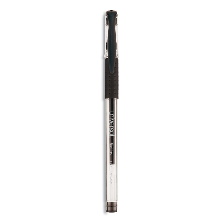 Universal Comfort Grip Gel Pen, Stick, Fine 0.5 mm, Black Ink, Clear/Black Barrel, Dozen (UNV39514)