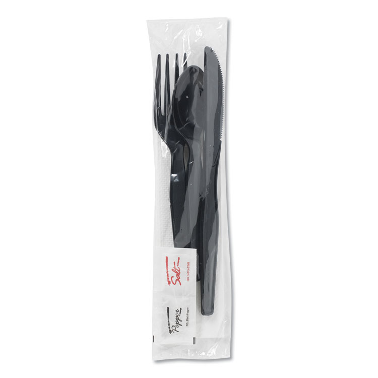 Dixie Wrapped Tableware/Napkin Packets, Mediumweight, Fork/Knife/Napkin/Spoon, Plastic, Black, 250/Carton (DXECH56NSPC7)