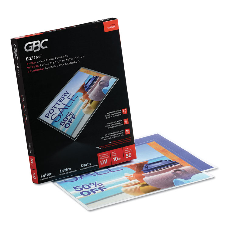 GBC EZUse Thermal Laminating Pouches, 10 mil, 9" x 11.5", Gloss Clear, 50/Box (GBC3200599)