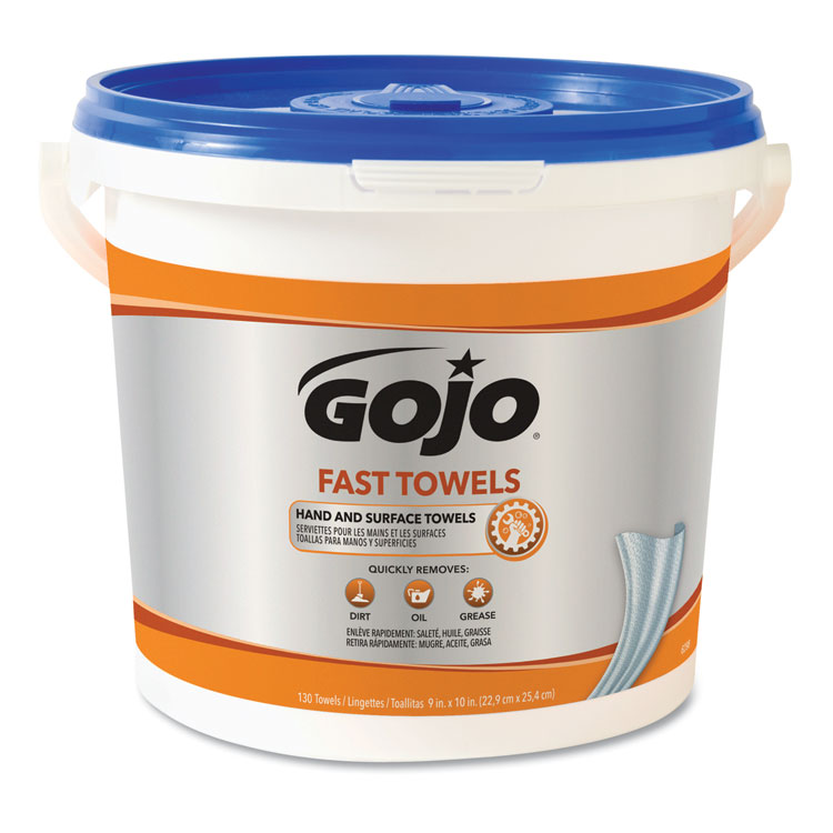 GOJO FAST TOWELS Hand Cleaning Towels, 9 x 10, Fresh Citrus, Blue, 130/Bucket, 4 Buckets/Carton (GOJ6298)