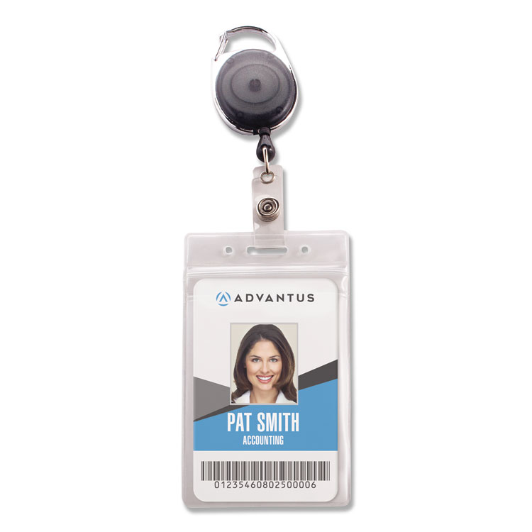 Advantus Resealable Badge Holder Combo Pack with Badge Reel, 30" Cord, Vertical, Frost 2.68" x 5" Holder, 2.38" x 3.75" Insert, 10/PK (AVT91129)