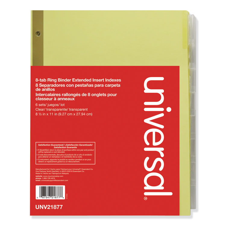 Universal Deluxe Extended Insertable Tab Indexes, 8-Tab, 11 x 8.5, Buff, Clear Tabs, 6 Sets (UNV21877)