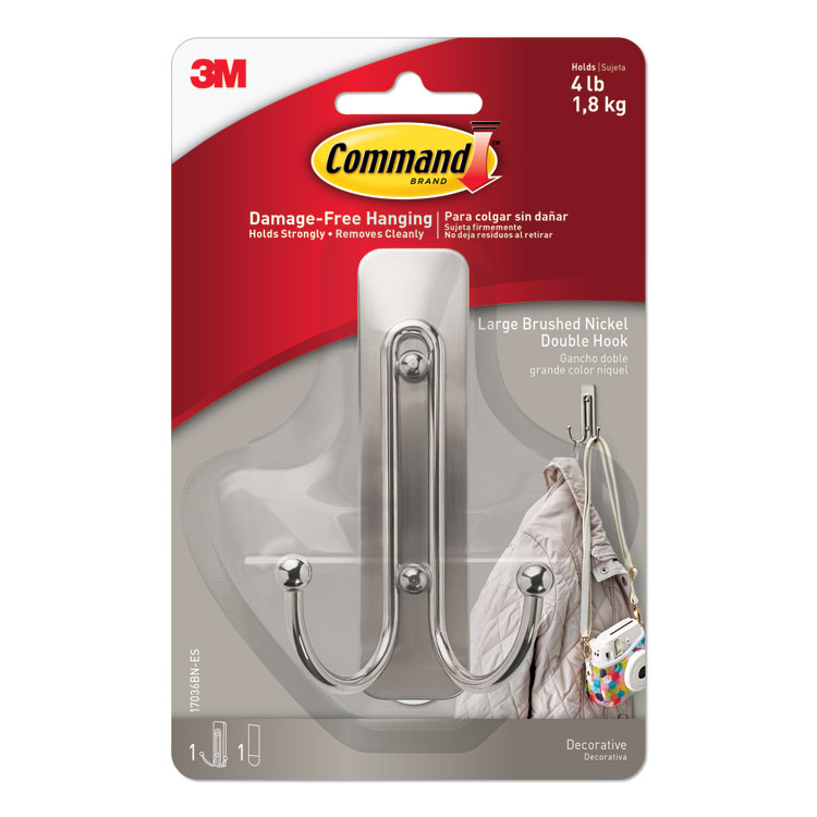 Command Adhesive Mount Metal Hook, Large, Double Hook, Brushed Nickel Finish, 4 lb Capacity, 1 Hook and 2 Strips (MMM17036BNES)