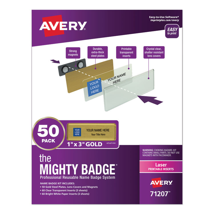 Avery The Mighty Badge Name Badge Holder Kit, Horizontal, 3 x 1, Laser, Gold, 50 Holders/120 Inserts (AVE71207)