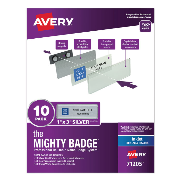 Avery The Mighty Badge Name Badge Holder Kit, Horizontal, 3 x 1, Inkjet, Silver, 10 Holders/ 80 Inserts (AVE71205)