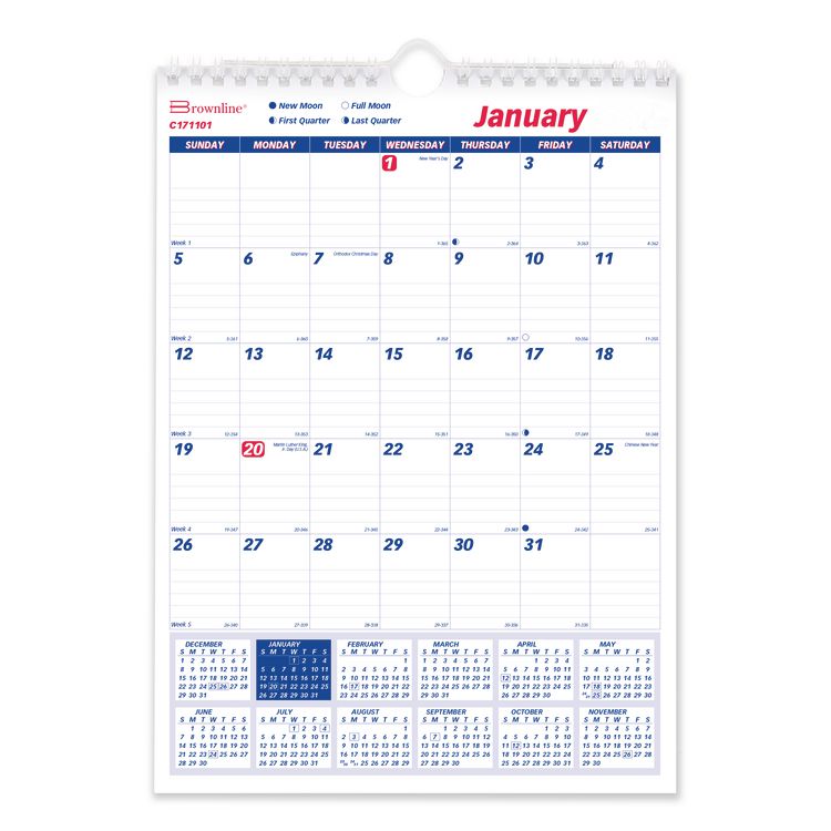 Brownline Twin-Wirebound Wall Calendar, One Month per Page, 8 x 11, White/Blue Sheets, 12-Month (Jan to Dec): 2026 (REDC171101)