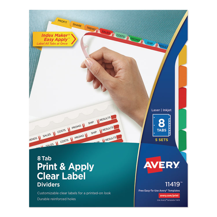 Avery Print and Apply Index Maker Clear Label Dividers, 8-Tab, Color Tabs, 11 x 8.5, White, Traditional Color Tabs, 5 Sets (AVE11419)