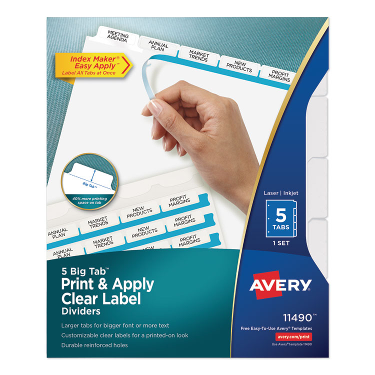 Avery Print and Apply Index Maker Clear Label Dividers, Big Tab, 5-Tab, White Tabs, 11 x 8.5, White, 1 Set (AVE11490)