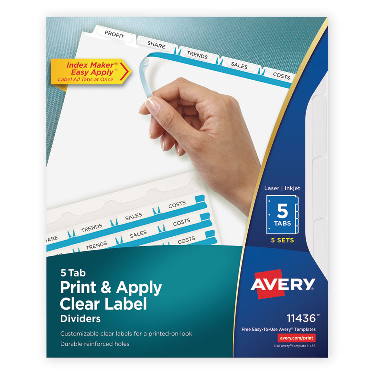 Avery Print and Apply Index Maker Clear Label Dividers, 5-Tab, White Tabs, 11 x 8.5, White, 5 Sets (AVE11436)