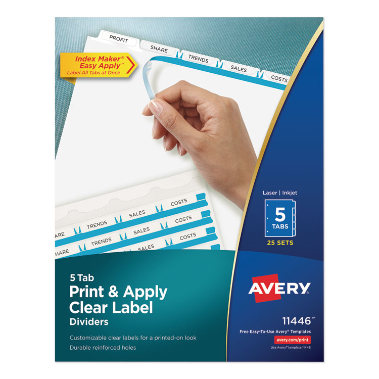 Avery Print and Apply Index Maker Clear Label Dividers, 5-Tab, White Tabs, 11 x 8.5, White, 25 Sets (AVE11446)